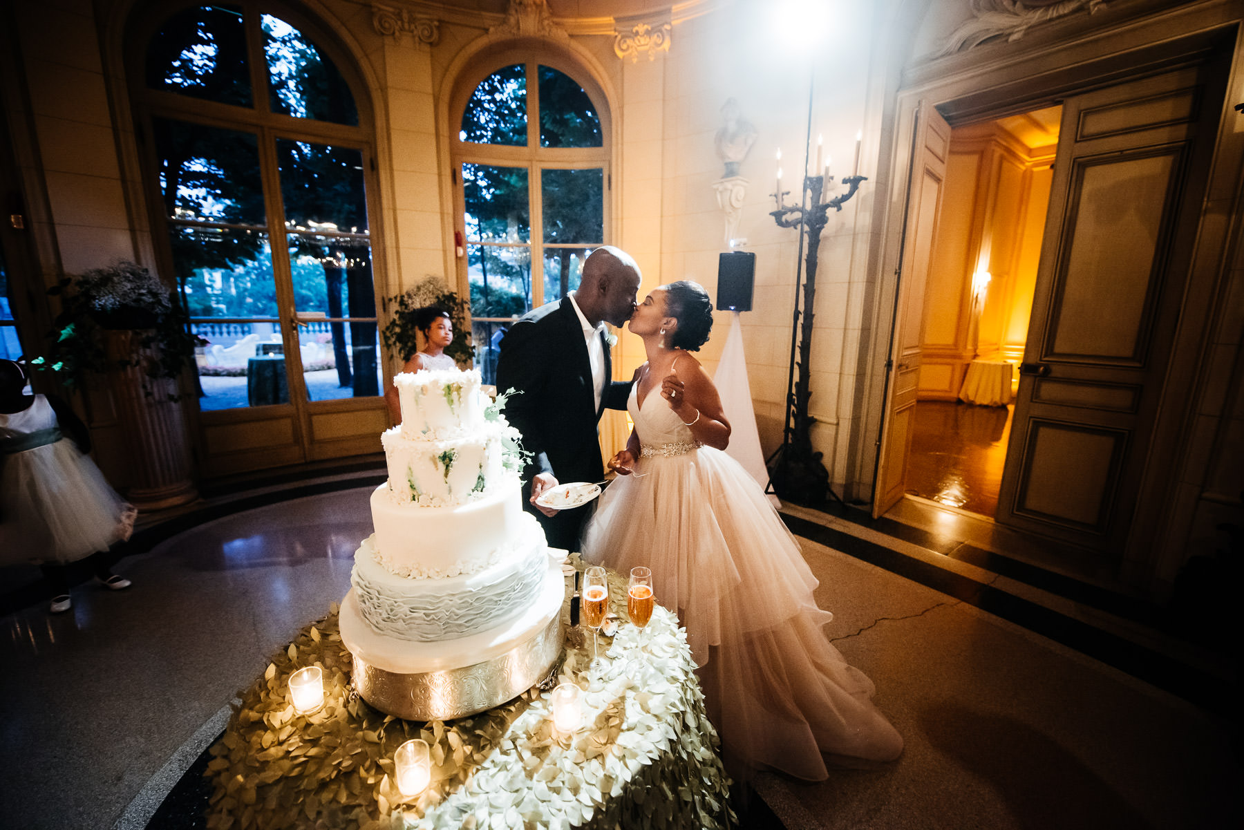 Wedding cake cutting at night Meridian House Washington, DC