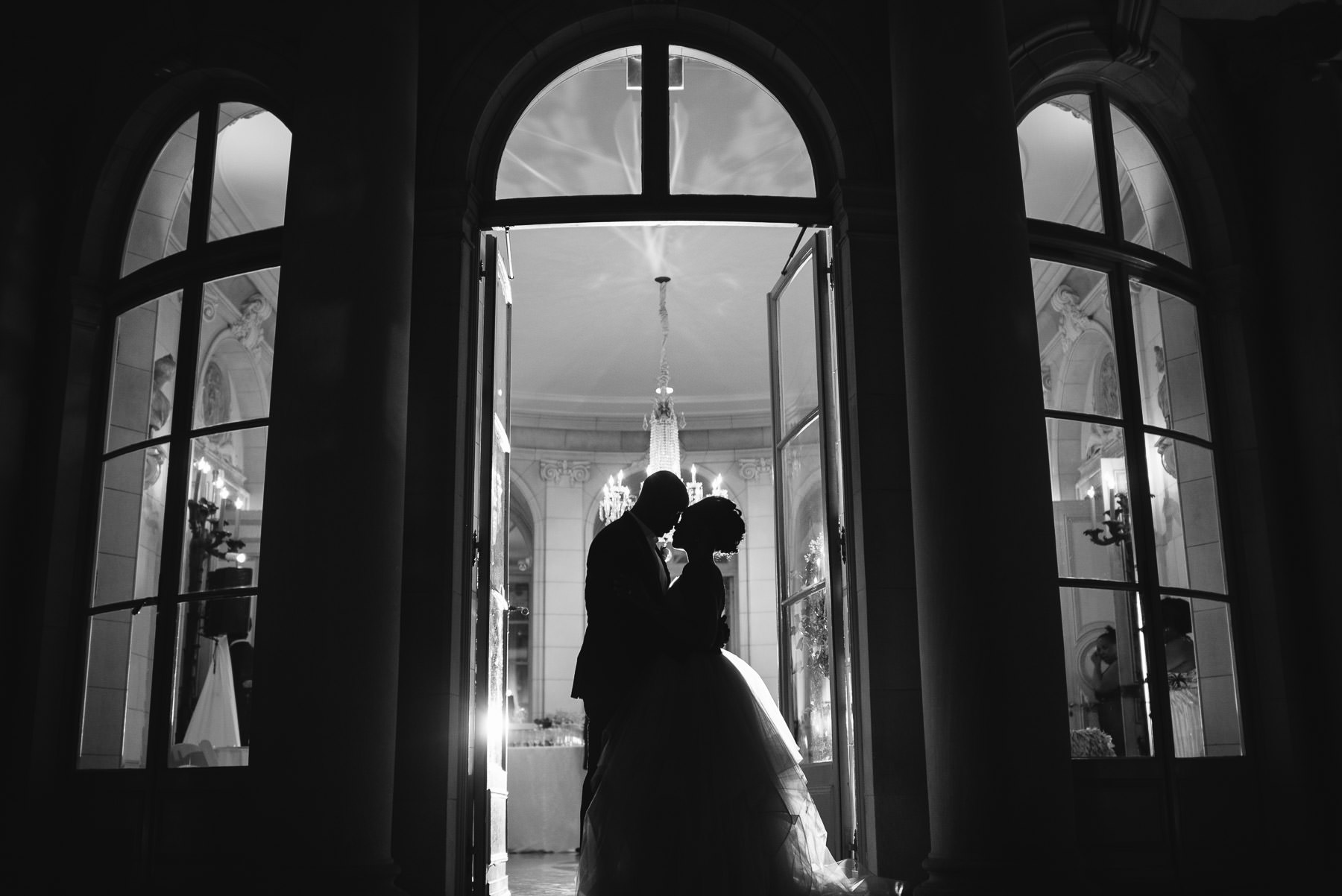 Black and White Romantic couple at night Meridian House Washington, DC